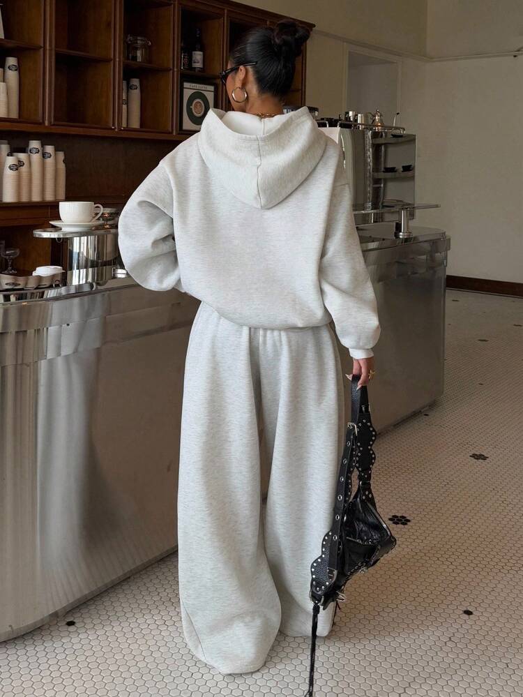 SHEIN EZwear Women's Autumn/Winter Thermal Lined Hoodie And Relaxed Fit Sweatpants Set For Going Out Outfits, Back To School, Streetwear - Light Grey - View 2