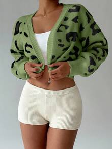 Lunelith SHEIN Lunessa كارديجان نسائي فضفاض مصنوع من الصوف المحبوك بأكمام طويلة وياقة منسدلة بطبعة نمر، مناسب للخريف والشتاء