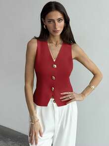 Aloruh Women's Solid Color Metal Single-Breasted V-Neck Casual Knit Vest, Autumn,Red Top,Christmas Knitted Vest, Suitable For Commuting And Office Wear, Simple And Casual, With Unique Metal Buckle. Summer Top - Red - View 5