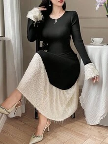 DAZY Vestido de suéter con volantes y bloque de color elegante para mujer, otoño - Negro - Ver 7
