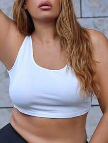 MelDlgn Plus Size Women's Summer Solid Color Sleeveless Crop Top With Round Neckline, Slim Fit - White - View 5