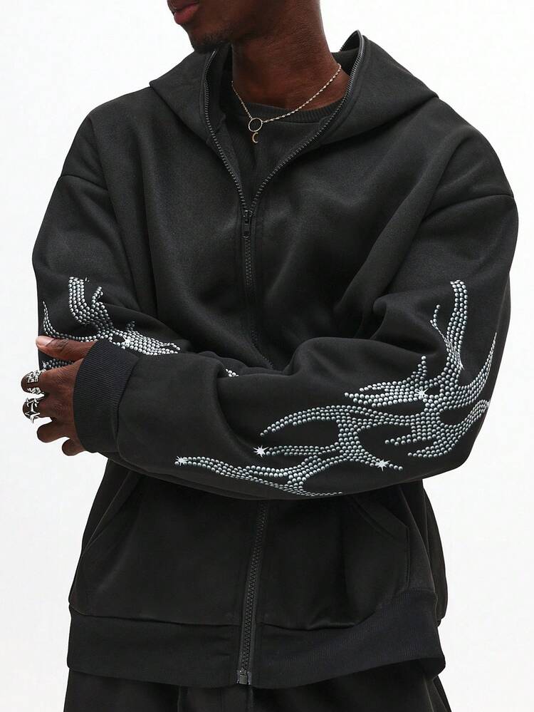 Sweat à capuche entièrement zippé avec motif strass et poche centrale