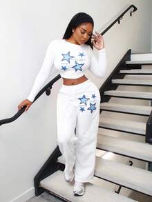 Alexandranx 1 pieza Parte superior corta ajustada con estampado de estrella de manga larga y cuello redondo para mujer para primavera y otoño - Blanco - Ver 6