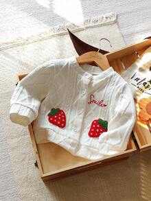 Vintaside Kids Baby Girls' Jacket With Embroidered Letter & Strawberry Pattern, Textured Fabric, Comfortable & Soft, Countryside Style, Fashion & Versatile, Elegant For Outings, Suitable For Spring, Autumn & Transitional Seasons - White - View 3