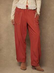 Freevana Plus Size Casual Retro Loose Fit Pants With Dual Pockets - Redwood - View 4