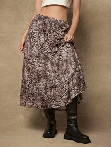 SHEIN VCAY Váy chắp vá họa tiết da báo và ngựa vằn cỡ lớn dành cho nữ - Cà phê nâu - Xem 2