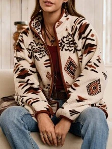 Chaqueta regular de mujer LanaWest con estampado, ribete de contraste, casual, albaricoque