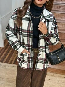 LanaWest Women's Retro Plaid Shirt Collar Patch Pocket Long Sleeve Loose Casual Fleece Jacket, Christmas - Multicolor - View 5