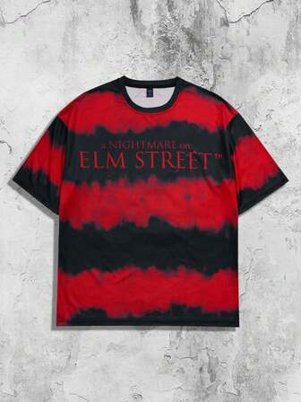 A Nightmare on Elm Street X ROMWE Anime Maglietta a maniche corte da uomo con grafica a lettere Tintura a nodi, adatta per l'uso quotidiano in primavera/estate