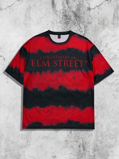 A Nightmare on Elm Street X ROMWE Anime قميص تي شيرت كم قصير مطبوع بحروف وطبعة صبغ التعتيق، مناسب للارتداء اليومي في الربيع والصيف