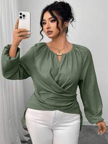 Elenzga Plus Size Women's Solid Color Keyhole Neck Raglan Sleeve Waist Crisscross Design Fashion Blouse