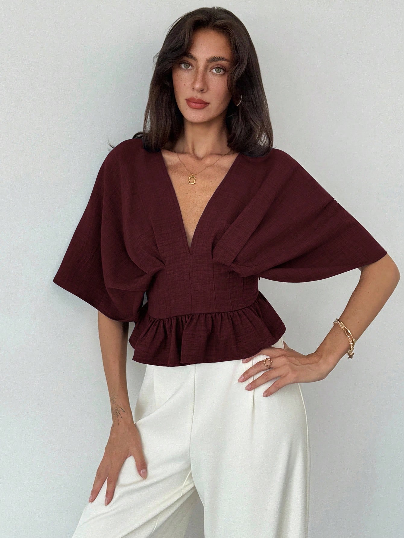 Aloruh ملابس علوية نسائية بياقة على شكل حرف V وذيل...