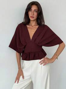 Aloruh Áo kiểu nữ đơn giản, màu trơn, cổ chữ V, viền bèo, thích hợp mặc hàng ngày, mùa hè, màu đỏ, áo mùa hè đi nghỉ mát. - Màu Đỏ Sâu - Xem 6