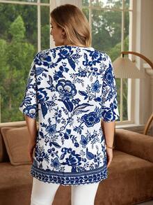 EMERY ROSE Plus Size Floral Print Open Front Kimono Summer - Blue and White - View 3
