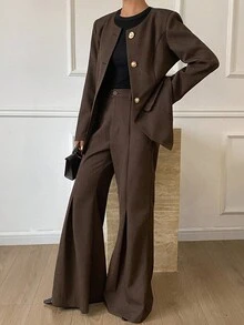 Livesso Ensemble 2 pièces pour femmes avec Top à encolure ronde et taille cintrée, et pantalon ample pour l'automne - Tabac - Voir 3