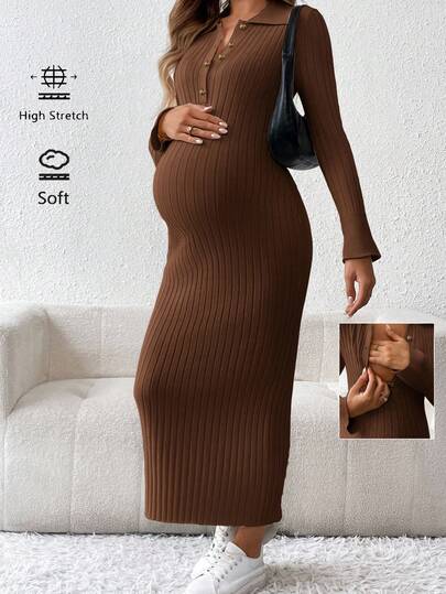 SHEIN Vestido de punto ajustado de color liso casual de maternidad, otoño/invierno