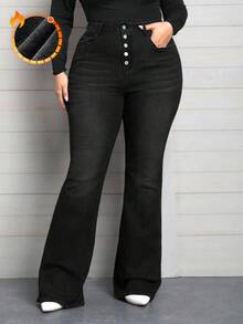 EMERY ROSE Plus Size Women Spring Elastic Waist Jeans, Multiple Button Design Skinny Flared Pants - Black - View 1