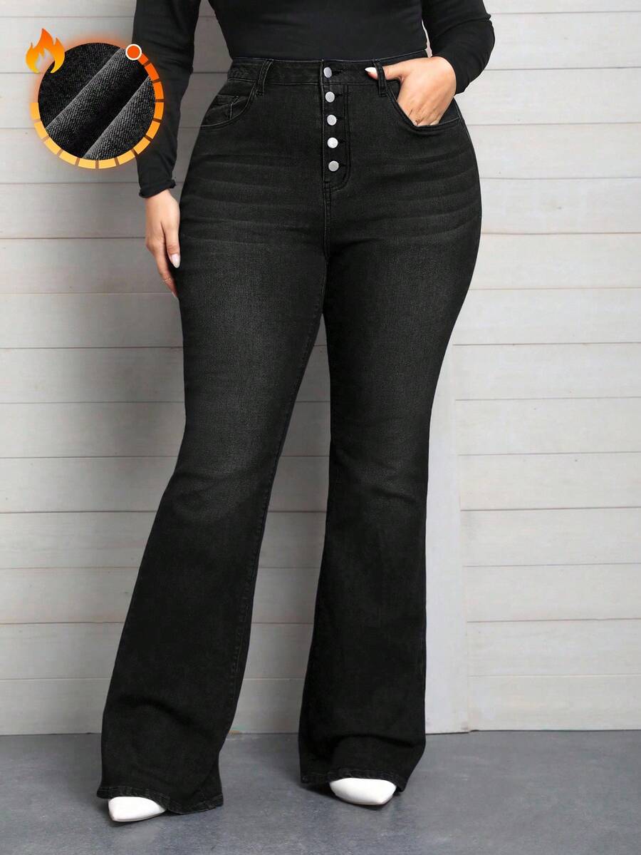 EMERY ROSE Plus Size Women Spring Elastic Waist Jeans, Multiple Button Design Skinny Flared Pants - Black - View 1