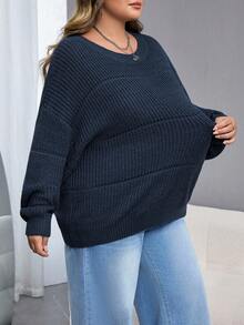 SHEIN CURVE+ Maglione in maglia a costine elasticizzato di colore unito, taglie comode, abbigliamento invernale da donna