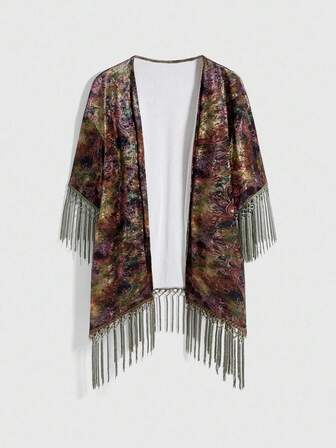 Top en velours vintage hippie femme avec motif cachemire tie-dye texturé et franges, automne/hiver
