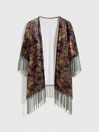 Women's Vintage Hippie Paisley Tie-Dye Textured Fringe Velvet Top, Autumn/Winter