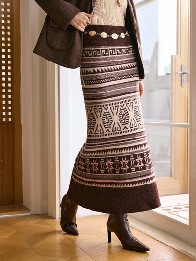 LanaWest Falda de suéter casual de estilo occidental de jacquard para mujer LanaWest