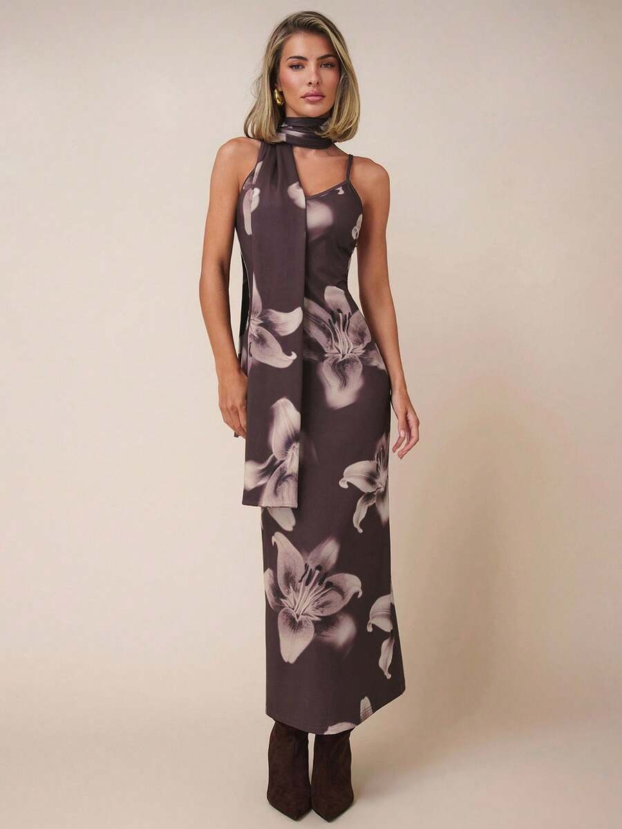 COSMINA Robe élégante à fleurs imprimées avec col ras-du-cou et maille pour femmes, toutes saisons - Multicolore - Voir 1