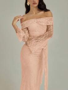 Modelyn Women's Floral Lace Ruffle Off-Shoulder Long Sleeve Twist Waist Fitted Dress, Elegant - Baby Pink - View 5
