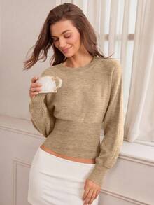 Hanevo Casual Round Neck Drawstring Waist Slim Fit Solid Color Knit Sweater, Versatile For Autumn/Winter - Khaki - View 3