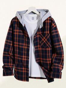 SHEIN Felpa con cappuccio casual a quadri per ragazzi adolescenti, con spalle a caduta e colore a contrasto, versatile e adatta per Natale, casa, pendolarismo, scuola, uso casual quotidiano, viaggi, feste all'aperto, sport, feste, autunno/inverno