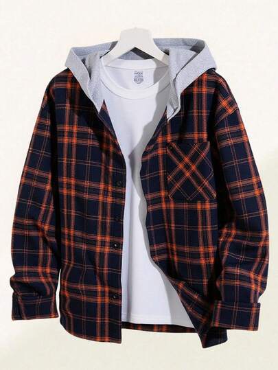 SHEIN Felpa con cappuccio casual a quadri per ragazzi adolescenti, con spalle a caduta e colore a contrasto, versatile e adatta per Natale, casa, pendolarismo, scuola, uso casual quotidiano, viaggi, feste all'aperto, sport, feste, autunno/inverno