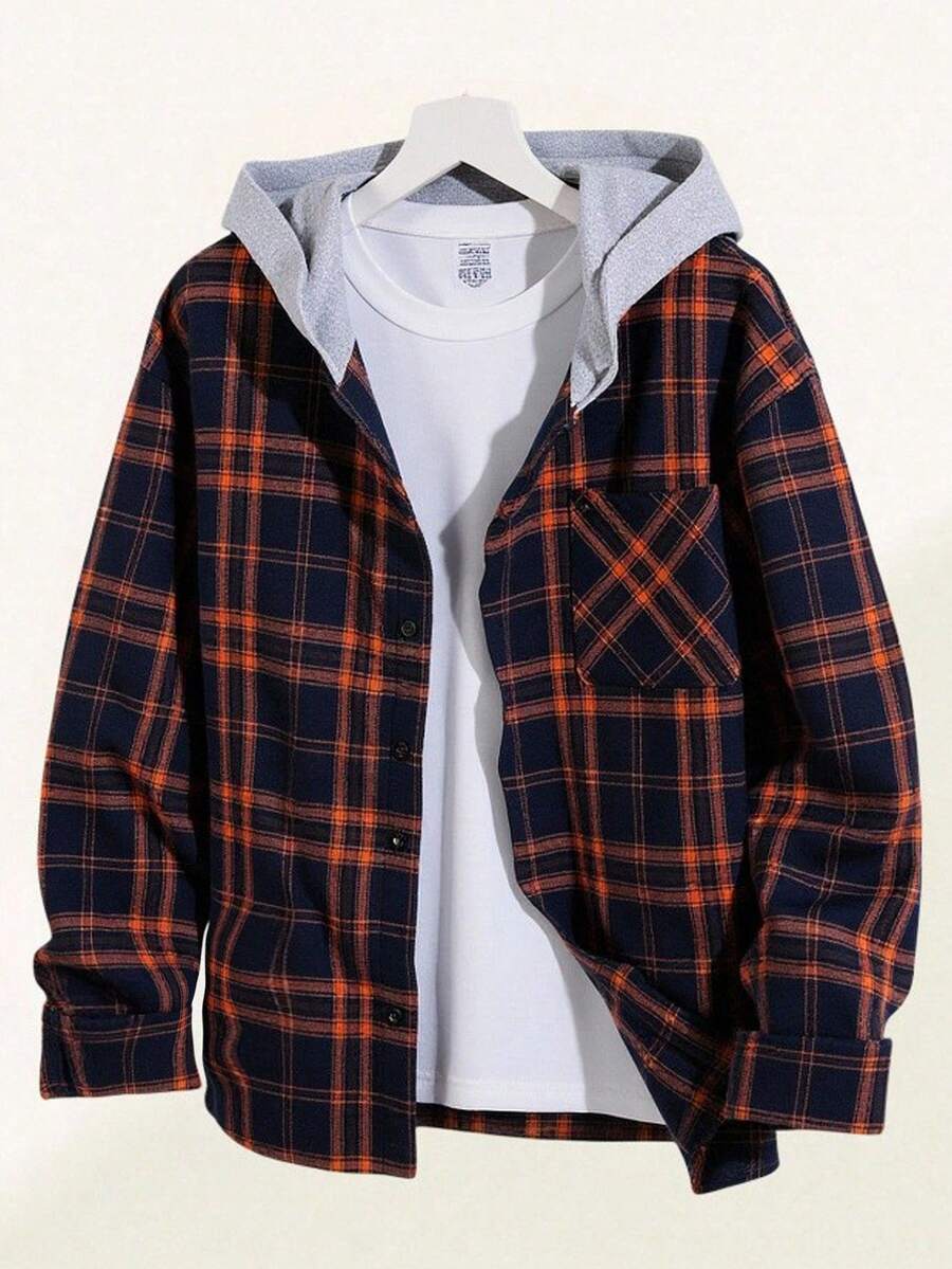 SHEIN Felpa con cappuccio casual a quadri per ragazzi adolescenti, con spalle a caduta e colore a contrasto, versatile e adatta per Natale, casa, pendolarismo, scuola, uso casual quotidiano, viaggi, feste all'aperto, sport, feste, autunno/inverno