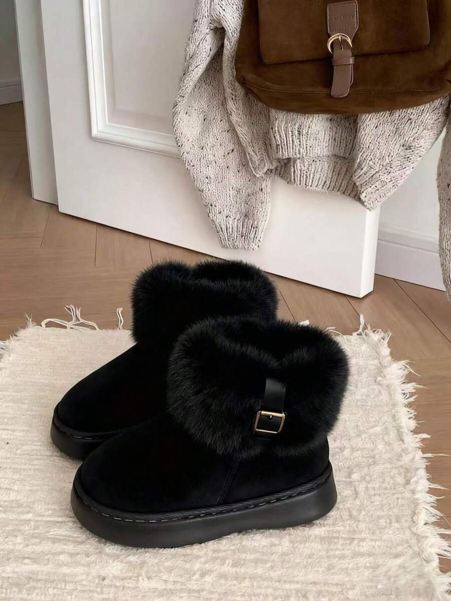 Zapatillas de algodón cómodas y antideslizantes con suela de 4 cm, otoño e invierno 2025, nuevas zapatillas de piel cálidas con suela gruesa para mujer - Negro - Ver 1