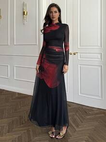 SHEIN BAE New Autumn/Winter Red Tie Dye Floral Mesh Print Party Long Sleeve Fitted Dress For Vacation - Red - View 7