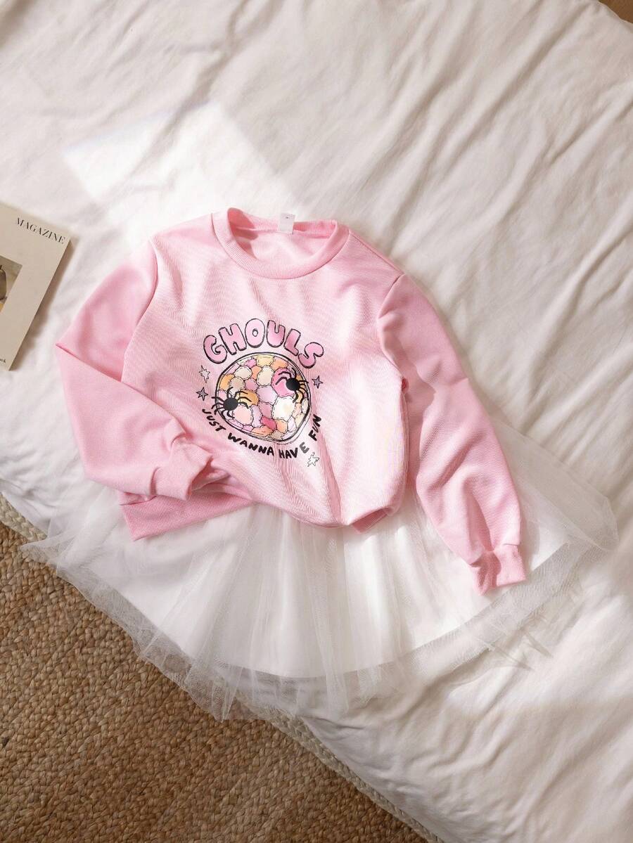 Genkimix Kids Tween Girl Pink Halloween Graphic Sweatshirt + White Mesh Skirt 2-Piece Set Fall Winter - Multicolor - View 1