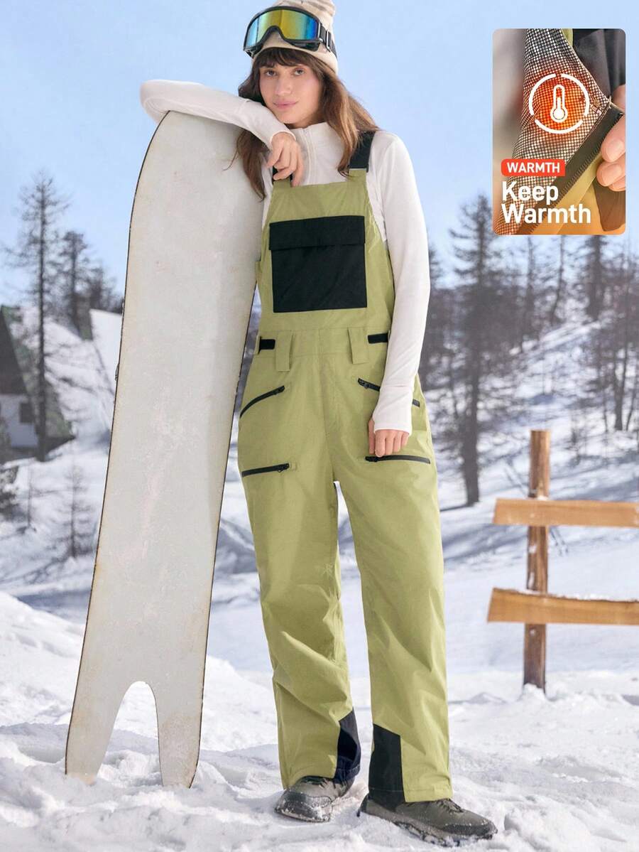 In My Nature 女式撞色工装口袋休闲宽松背带滑雪裤 - 薑色 - 查看 1