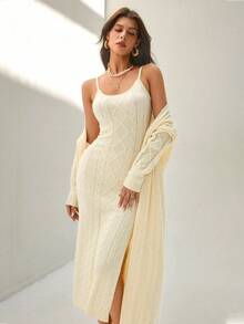 Rafferiza Set de vestido de tirantes vintage y cárdigan de 2 piezas - Beis - Ver 5