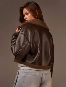 Athîral Women's Chestnut Brown Loose-Fit Shearling Jacket | Faux Leather Outer Fabric, Plush Sherpa Thermal Lined, Relaxed Wide-Cut Silhouette, Turn-Down Collar, Raglan Long Sleeves, Contrast Soft Sherpa Trims At Cuffs, Hem & Collar, Sporty Basic ,For Autumn And Winter, Melange Colorway, Autumn/Winter,Thanksgiving,New Year Clothes