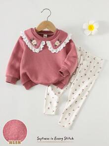 Cozy Pixies 2 件套女婴娃娃领撞色荷叶边刺绣花卉图案长袖上衣和松紧腰裤套装 - 粉色 - 查看 8