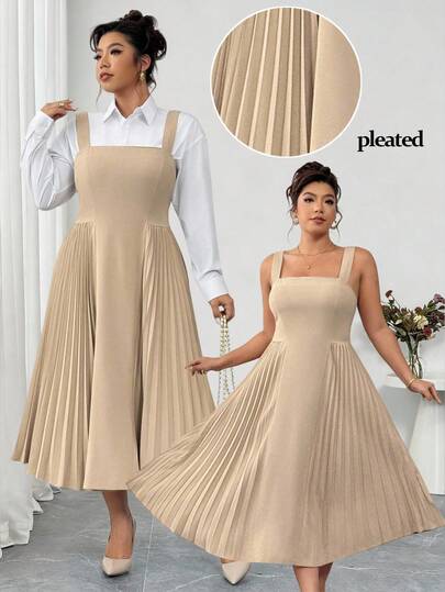 Elenzga Plus Size Crew Neck Waist Gathered Hem Pleated Patchwork Camisole Dress, Casual Elegant For Outing, Commute, Date