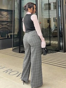 NegzBox 1pc Women's Casual, Daily, Outdoor, Commute Plaid Low Waist Loose Pants, Relaxed, Minimalist, Retro Style Fall Cloth For Women - Dark Grey - View 2