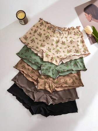PetitDoll 5pcs/Set Comfortable Floral Print Ruffle Trim Boyshort Panties