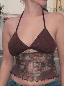 Turnttoni 女士夏季海滩度假节狂欢节音乐会女士海滩狂欢坏人上衣外出夏季上衣短款上衣狂欢上衣女士休闲简约露背上衣，适合夏季钩针音乐会上衣系带前上衣伊比沙岛 - 彩色 - 查看 3