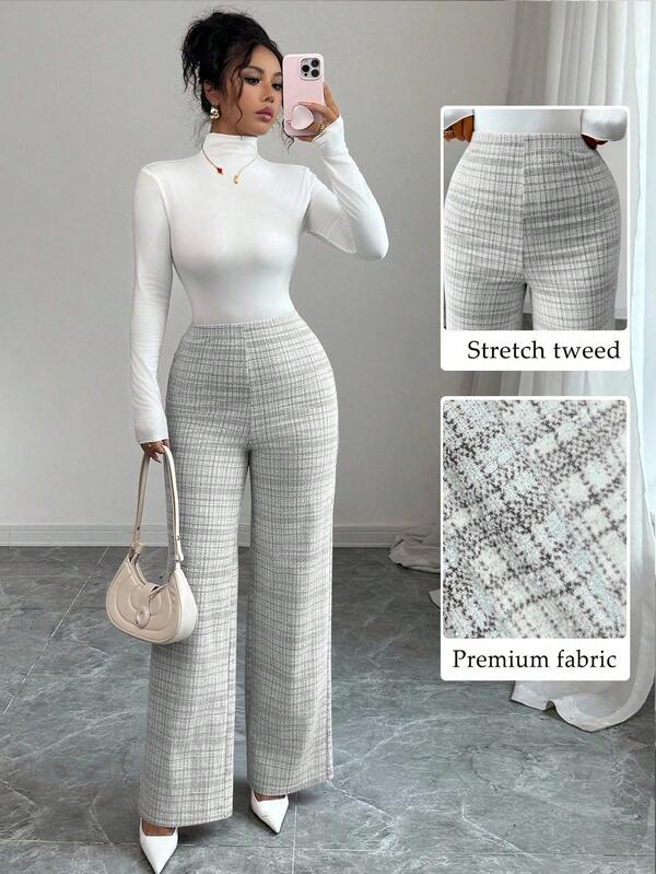 Elenzga Pantalones casuales de mujer de punto elástico a cuadros, de cintura alta, ajustados y de pierna recta, nueva llegada de otoño