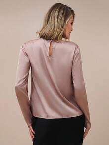 COSMINA Women's Elegant Twist Satin Long Sleeve Hollow Out Collar Blouse, Early Autumn - Pink - View 2