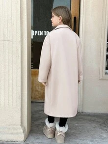 SHEIN Tween Girls Lapel Neck Drop Shoulder Double Breasted Dual Pocket Overcoat, Late Fall Casual Double Button, Pocket Drop Shoulder Lapel Regular Fit Beige Plain Overcoats, Casual Daily Wear Girl Coat Tween Dress Coat Fall Coat For Tween Girls Girl Winter Clothes - Apricot - View 2