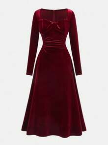 SHEIN Tween-Mädchen Lässiges, elegantes Maxikleid aus Samt mit herzförmigem Kragen und Schleifendekor, langärmliges Maxikleid mit taillierter Taille, rotes Maxikleid, burgunderfarbenes Maxikleid, formelles Kleid, geeignet für Weihnachten, Neujahr, Geburtstagsfeier, Prinzessinnenkleid - Bordeaux - Übersicht 6