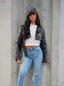 SAYEHFBABY Zip Up PU Crop Moto Jacket - Black - View 6