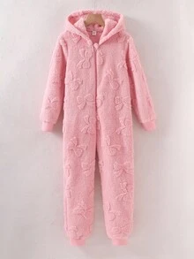 Girls' Plush Bow Jacquard Pattern Long Sleeve Hooded Jumpsuit Loungewear - Pink - View 1