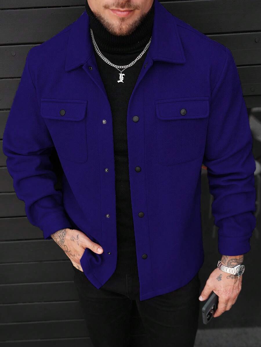 Manfinity Homme Men's Solid Color Long Sleeve Front Button Fashionable Versatile Casual Overcoat, Fall/Winter - Blue - View 1